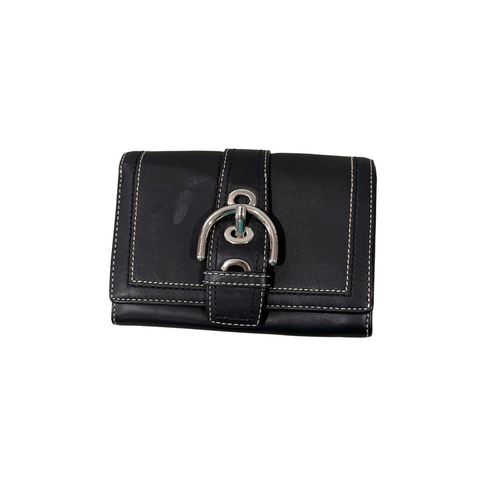 Coach Soho Buckle Wallet Black Leather White Stitch Bifold Silver Hardware